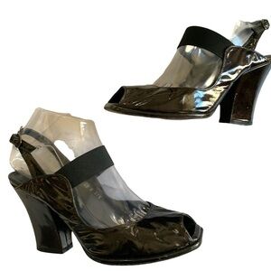 AUDLEY London black patten leather open toe wedge 35.”heels SZ 37.5